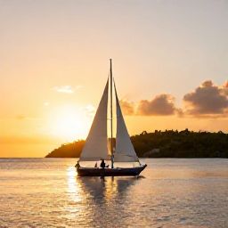 Caribbean Holidays, Antigua Honeymoons, Newlywed couple enjoying a sunset sail off Antigua, calm sea, golden sky and distant green coastline