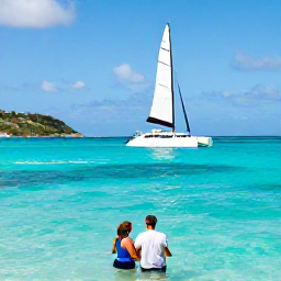 Caribbean Holidays, Antigua Honeymoons, Newlywed couple sailing a catamaran off the coast of Antigua in bright Caribbean sunshine, snorkelling near a secluded bay