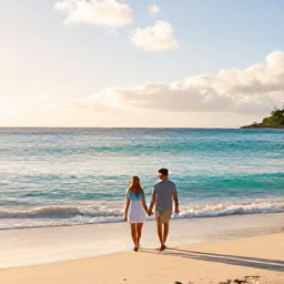 Caribbean Holidays, Antigua Honeymoons, Newlywed couple walking hand in hand along a quiet Antigua beach at sunrise, turquoise sea and soft golden light