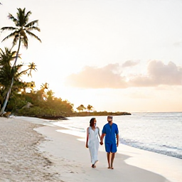Caribbean Holidays, Antigua Honeymoons, Newlywed couple walking hand in hand along a quiet Antigua beach at sunset, warm Caribbean light, natural travel photography