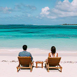 Caribbean Holidays, Antigua Honeymoons, Romantic Antigua beach with two sun loungers, turquoise water, gentle waves and a couple enjoying the view
