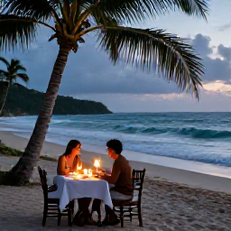 Caribbean Holidays, Antigua Honeymoons, Romantic candlelit dinner for two beside an Antigua beach, tropical evening, soft lantern light and gentle waves