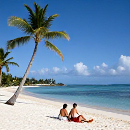 Caribbean Holidays, Antigua Honeymoons, Romantic couple relaxing on a secluded white sand beach in Antigua, palm trees, calm blue water and beach picnic