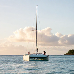 Caribbean Holidays, Antigua Honeymoons, Romantic couple sailing on a small catamaran off Antigua's coast during golden afternoon light