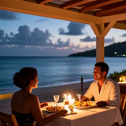 Caribbean Holidays, Antigua Honeymoons, Romantic open-air dinner for two at an Antigua seaside restaurant, candles, local food and views of the evening Caribbean sea