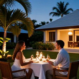 Caribbean Holidays, Antigua Honeymoons, Romantic outdoor dinner for two at an Antigua hotel, softly lit table, tropical garden and warm evening atmosphere