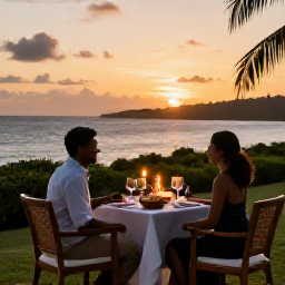Caribbean Holidays, Antigua Honeymoons, Romantic outdoor dinner for two at an Antigua resort, candles, Caribbean cuisine and a sunset sea view
