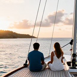 Caribbean Holidays, Antigua Honeymoons, Romantic sailing boat cruising past Antigua coastline at golden hour, couple seated on deck, calm Caribbean sea