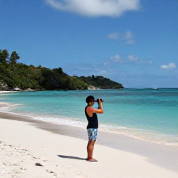 Caribbean Holidays, Antigua Instagram Hotspots, Bright turquoise water and a relaxed traveller taking photographs on the white sand of Valley Church Beach in Antigua