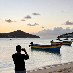 Caribbean Holidays, Antigua Instagram Hotspots, Colourful local fishing boats and quiet Caribbean scenery at dawn in Antigua, with a traveller photographing the harbour
