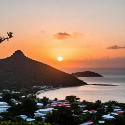 Caribbean Holidays, Antigua Instagram Hotspots, Panoramic sunset photograph from Shirley Heights in Antigua, harbour and coastline below, warm orange sky and silhouetted hills