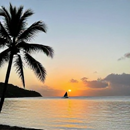 Caribbean Holidays, Antigua Instagram Spots, A colourful Caribbean sunset over calm water in Antigua, with palm silhouettes and a small sailing boat