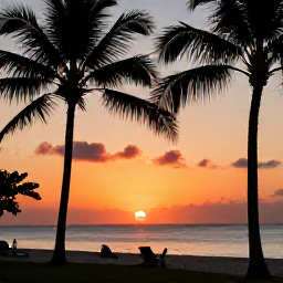 Caribbean Holidays, Antigua Instagram Spots, A colourful Caribbean sunset over the sea in Antigua, with silhouetted palm trees and a relaxed beach setting