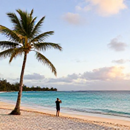 Caribbean Holidays, Antigua Instagram Spots, Golden-hour view of a quiet Antigua beach in October, turquoise sea, palm trees and a traveller taking photographs