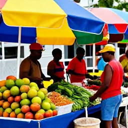Caribbean Holidays, Antigua January Holidays, Colourful market scene in St John's, Antigua, with local fruit, vegetables, spices and friendly shoppers beneath bright umbrellas