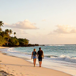 Caribbean Holidays, Antigua January Holidays, Couple walking along a quiet Antiguan beach at golden hour, gentle waves, warm light and peaceful Caribbean scenery