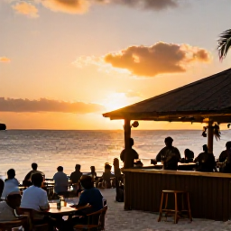 Caribbean Holidays, Antigua January Holidays, Golden evening at a beachside bar in Antigua, with local musicians playing Caribbean music while visitors enjoy the sunset