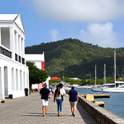 Caribbean Holidays, Antigua January Holidays, Visitors walking around Nelson's Dockyard in Antigua, with restored Georgian buildings, sailing boats and green hills in the background