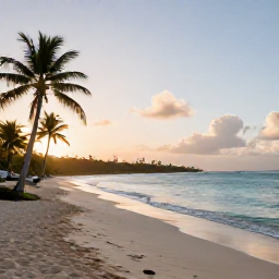 Caribbean Holidays, Antigua January Holidays, Wide sandy beach in Antigua at sunrise, calm turquoise Caribbean water, palm trees and a relaxed holiday atmosphere