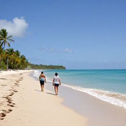 Caribbean Holidays, Antigua July Beaches, A couple walking along a quiet Antigua beach at midday, with calm Caribbean sea, soft sand and palm-fringed shoreline