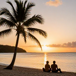 Caribbean Holidays, Antigua July Holidays, A couple relaxing on a Caribbean beach in Antigua at sunset, with warm light, palm silhouettes and calm sea
