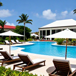 Caribbean Holidays, Antigua July Holidays, A stylish beachfront all-inclusive resort in Antigua with sun loungers, a swimming pool, tropical gardens and guests enjoying the afternoon
