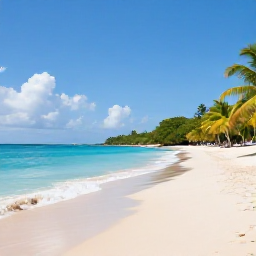 Caribbean Holidays, Antigua July Holidays, A wide sandy beach in Antigua with calm turquoise water, palm trees and a relaxed all-inclusive holiday atmosphere