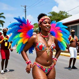 Caribbean Holidays, Antigua July Holidays, Colourful Antigua Carnival costumes, dancers and musicians parading through a lively Caribbean street in July
