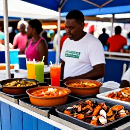 Caribbean Holidays, Antigua July Holidays, Friendly Antiguan food stall serving pepperpot, fungi, grilled seafood and tropical drinks at a lively outdoor market