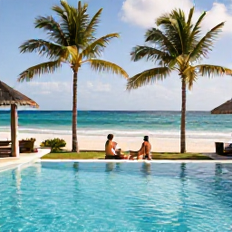 Caribbean Holidays, Antigua July Holidays, Relaxed Antigua resort scene in July with a couple beside a swimming pool overlooking a palm-fringed Caribbean beach