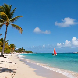 Caribbean Holidays, Antigua July Holidays, Warm Caribbean beach in Antigua in July with turquoise water, palm trees and a small sailing boat offshore