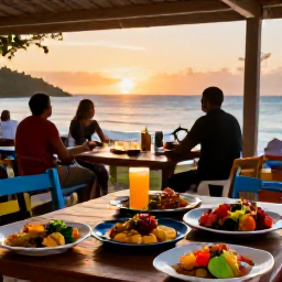 Caribbean Holidays, Antigua June Beaches, Friendly outdoor restaurant in Antigua at sunset, colourful Caribbean dishes, local music and diners overlooking the sea