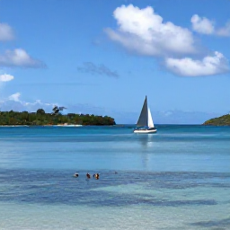 Caribbean Holidays, Antigua June Beaches, Small sailing boat on calm blue water near Antigua, snorkellers exploring a reef, bright sky and low green coastline