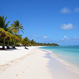 Caribbean Holidays, Antigua June Beaches, Wide white-sand beach in Antigua at the start of summer, calm turquoise sea, palm trees and a few relaxed sun loungers
