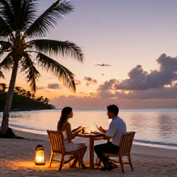 Caribbean Holidays, Antigua June Holidays, A couple enjoying a relaxed sunset dinner at an Antigua beachfront all-inclusive resort, with tropical sky, lanterns and calm sea