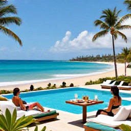 Caribbean Holidays, Antigua June Holidays, An elegant all-inclusive resort in Antigua overlooking a tropical beach, with guests relaxing by a pool and dining outdoors