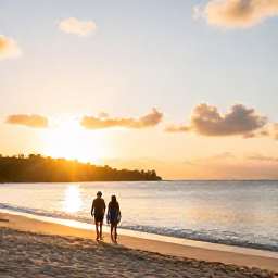 Caribbean Holidays, Antigua June Holidays, Couple enjoying a sunset walk along a quiet Antiguan beach in June, with golden light and calm Caribbean water