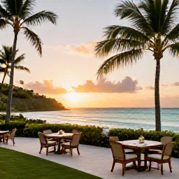 Caribbean Holidays, Antigua Luxury December, A luxurious beachfront resort in Antigua at sunset, with palm trees, calm turquoise sea and elegant outdoor dining