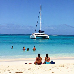 Caribbean Holidays, Antigua Luxury December, Visitors relaxing on a beautiful Antigua beach beside clear turquoise water, with a luxury catamaran offshore