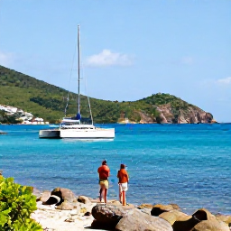 Caribbean Holidays, Antigua Luxury Holidays, A couple sailing past Antigua's rugged coastline in bright March sunshine, with a catamaran, blue water and green hills