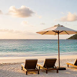 Caribbean Holidays, Antigua Luxury Holidays, A luxurious beachfront resort in Antigua at golden hour, with calm turquoise sea, white sand and elegant sun loungers