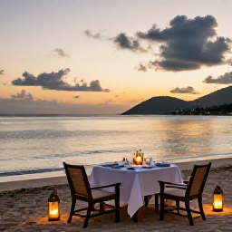Caribbean Holidays, Antigua Luxury Holidays, A peaceful luxury beach dinner in Antigua at sunset, with a beautifully set table, lanterns and calm Caribbean waters