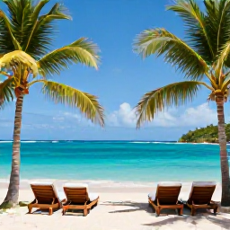 Caribbean Holidays, Antigua Luxury Holidays, A stylish luxury resort on a quiet Antigua beach in June, with turquoise water, palm trees and comfortable sun loungers