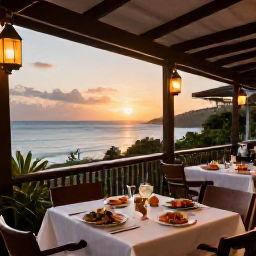 Caribbean Holidays, Antigua Luxury Holidays, An atmospheric Caribbean restaurant in Antigua at sunset, serving fresh seafood on an outdoor terrace with lanterns and sea views
