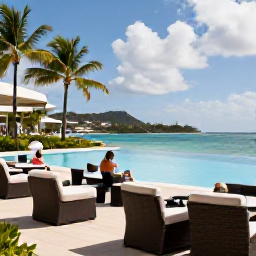 Caribbean Holidays, Antigua Luxury Holidays, An elegant Antigua resort terrace overlooking a tropical bay, with an infinity pool, palm trees and guests enjoying a quiet afternoon