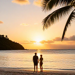 Caribbean Holidays, Antigua Luxury Holidays, Couple enjoying a Caribbean sunset from a luxury Antigua beach, calm sea, warm golden light and palm silhouettes