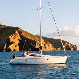 Caribbean Holidays, Antigua Luxury Holidays, Couple enjoying a private sailing excursion from Antigua in August, with white yacht, clear blue water, rugged coastline and golden afternoon sunlight