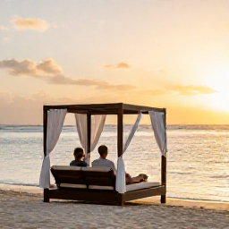 Caribbean Holidays, Antigua Luxury Holidays, Couple relaxing on a private Antigua beach at sunset, luxury beach cabana, calm Caribbean water and soft golden light