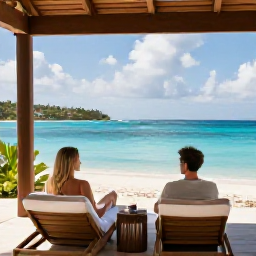 Caribbean Holidays, Antigua Luxury Holidays, Couple relaxing on a private terrace overlooking the Caribbean Sea at an Antigua luxury resort
