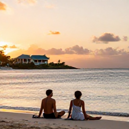 Caribbean Holidays, Antigua Luxury Holidays, Couple relaxing on a quiet Antigua beach at sunset, with soft golden light, calm sea and luxury resort in the distance